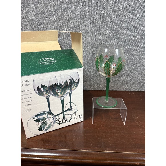 Home Essentials And Beyond Set of 4 Hand Painted Wine Goblets Holly - Picture 3 of 4